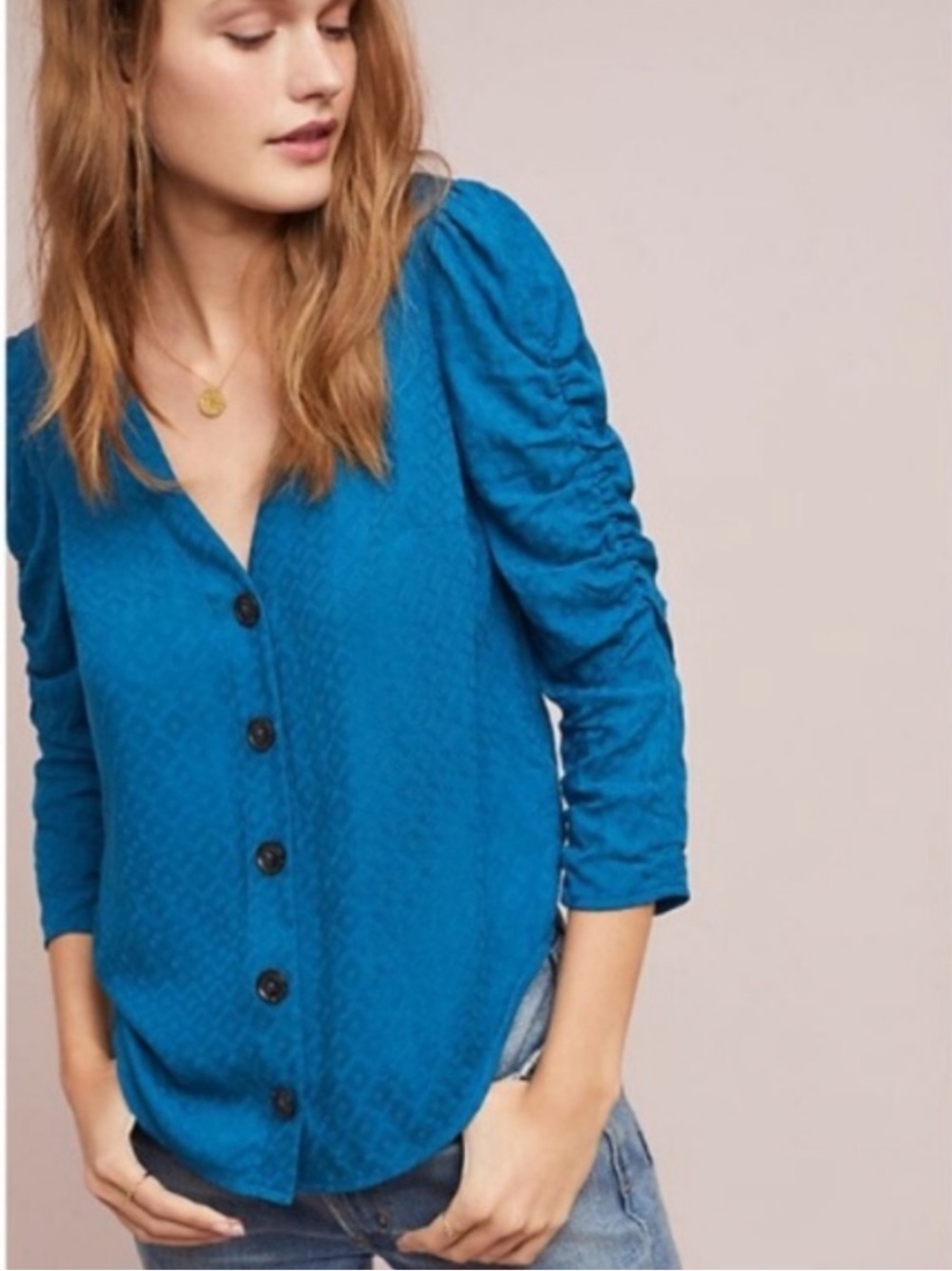 Maeve by Anthropologie Rhombus Teal Ruched Sleeve Blouse